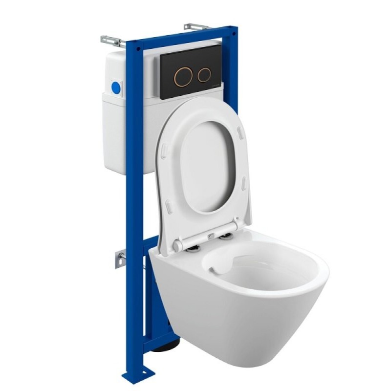 Инсталляция Cersanit Link Pro 68308, с подвесным безободковым унитазом City Smart, сиденье микролифт, белый, клавиша черная матовая/золото