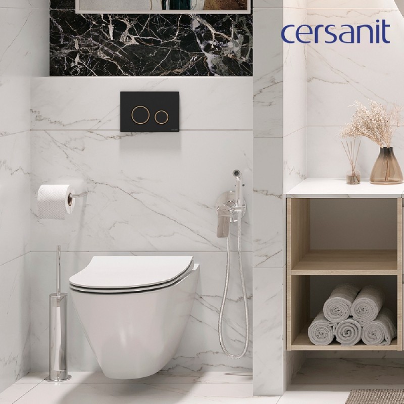 Инсталляция Cersanit Link Pro 68308, с подвесным безободковым унитазом City Smart, сиденье микролифт, белый, клавиша черная матовая/золото