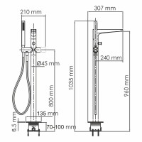 Смеситель для ванны и душа WasserKRAFT Sauer, напольный, с душевым гарнитуром, золото, 7121