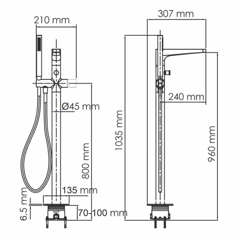 Смеситель для ванны и душа WasserKRAFT Sauer, напольный, с душевым гарнитуром, золото, 7121
