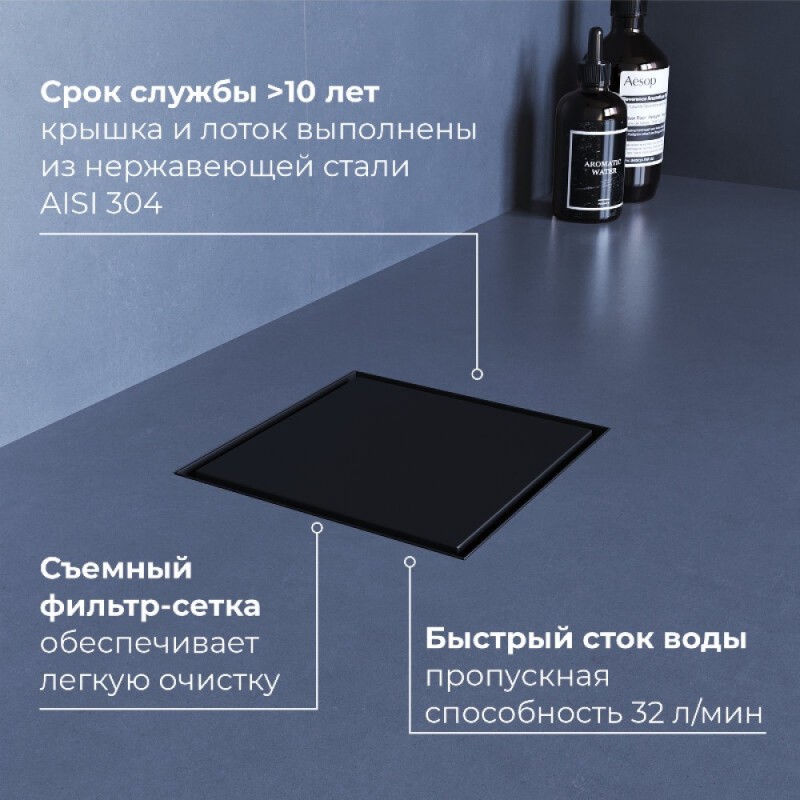 Душевой трап RGW SDR-10 79211000-04, 10 х 10 см, решетка под плитку, черный