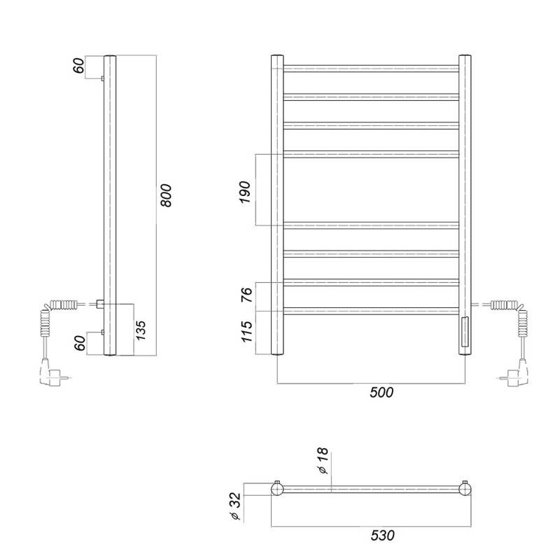Полотенцесушитель электрический Domoterm Медея П8 500x800 EK R, ширина 53 см, высота 80 см, подключение справа, хром