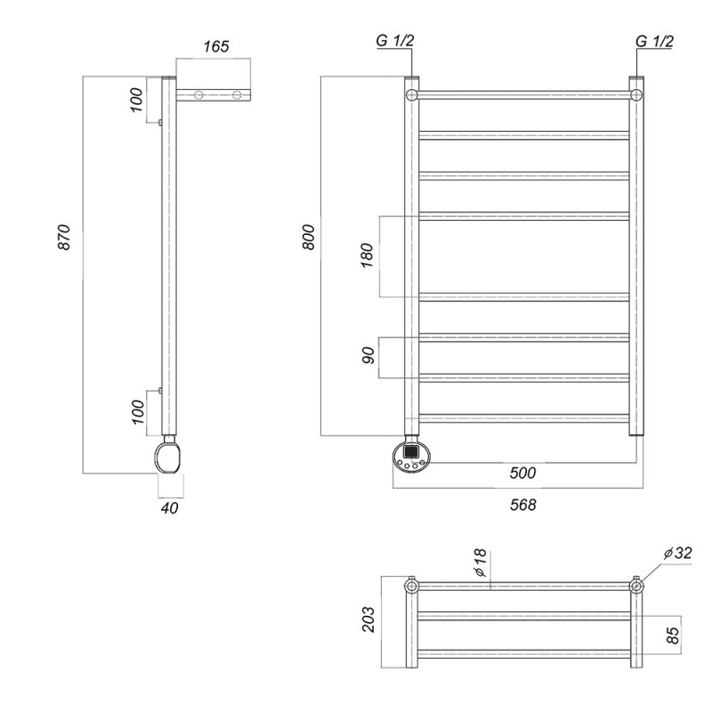 Полотенцесушитель электрический Domoterm Медея сп П8 500x800 EL, ширина 50 см, высота 80 см, с полкой, подключение слева, хром