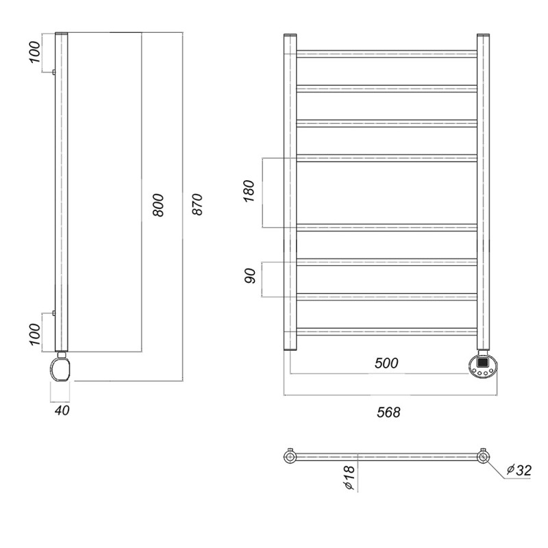 Полотенцесушитель электрический Domoterm Медея П8 500x800 ER, ширина 50 см, высота 80 см, подключение справа, хром