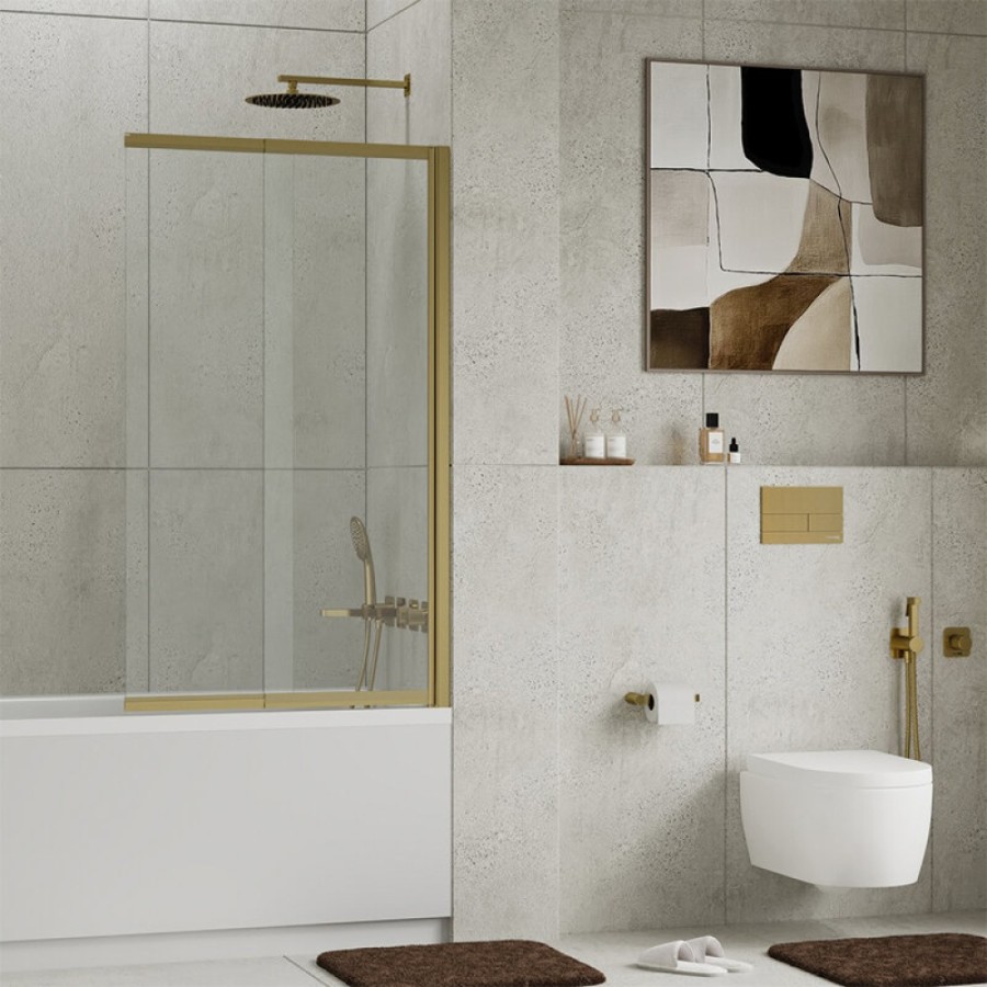 Стеклянная шторка на ванну WasserKraft Schunter 82S02-100, распашная/раздвижная, двухстворчатая, стекло прозрачное, профиль золото