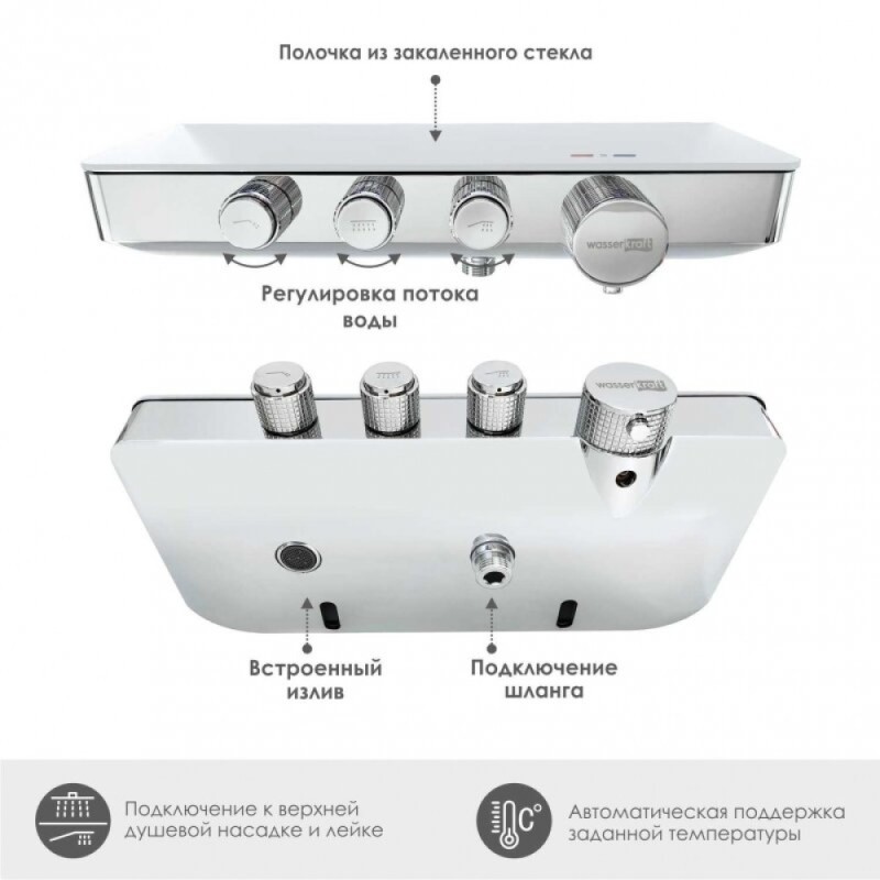 Смеситель для ванны и душа WasserKRAFT Mindel, термостатический, хром/белый, 8599 Thermo