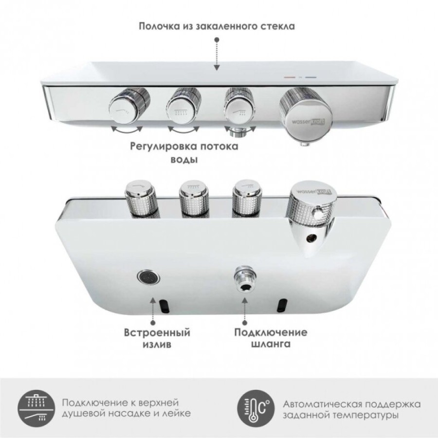 Смеситель для ванны и душа WasserKRAFT Mindel, термостатический, хром/белый, 8599 Thermo