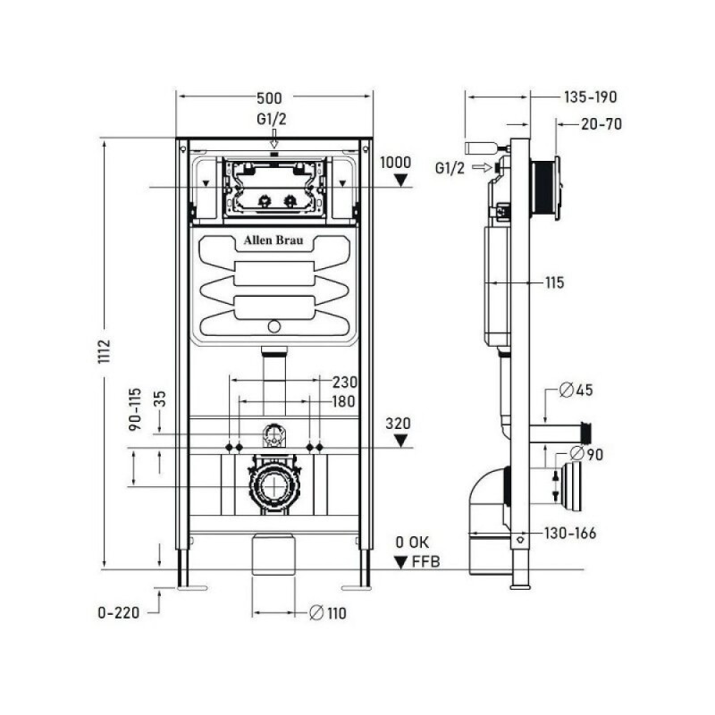 Инсталляция Allen Brau Pneumatic, для подвесного унитаза, без кнопки, 9.11100.20