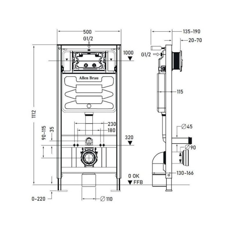 Инсталляция Allen Brau Pneumatic, для подвесного унитаза, без кнопки, 9.11100.20