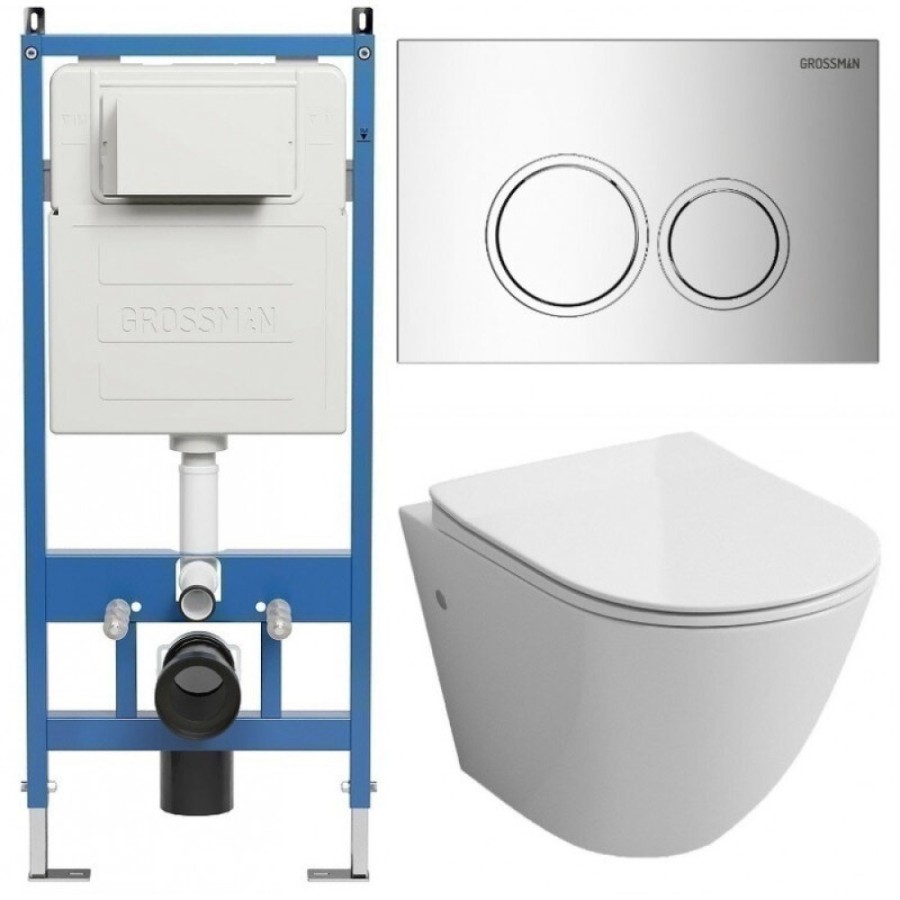 Комплект Grossman Galaxy 97.4411SQ.01.100, инсталляция 900.K31.01.000 с безободковым унитазом GR-4411SQ белый, смыв торнадо, сиденье микролифт, клавиша смыва хром глянцевый 700.K31.01.100.100