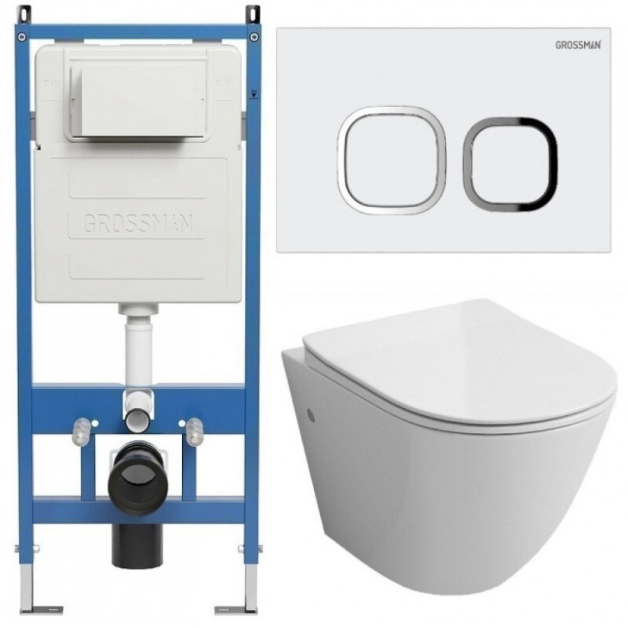 Комплект Grossman Cosmo 97.4411SQ.02.000, инсталляция 900.K31.01.000 с безободковым унитазом GR-4411SQ белый, смыв торнадо, сиденье микролифт, клавиша смыва белая глянцевая 700.K31.02.000.000
