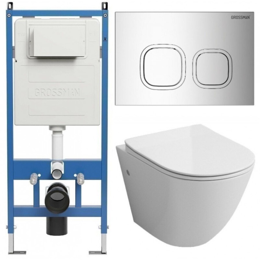 Комплект Grossman Cosmo 97.4411SQ.02.100, инсталляция 900.K31.01.000 с безободковым унитазом GR-4411SQ белый, смыв торнадо, сиденье микролифт, клавиша смыва хром глянцевый 700.K31.02.100.100