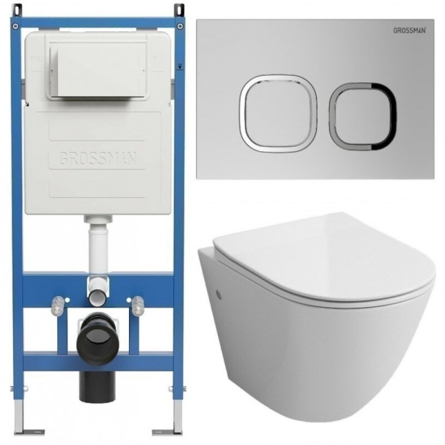 Комплект Grossman Cosmo 97.4411SQ.02.110, инсталляция 900.K31.01.000 с безободковым унитазом GR-4411SQ белый, смыв торнадо, сиденье микролифт, клавиша смыва хром матовый 700.K31.02.110.110