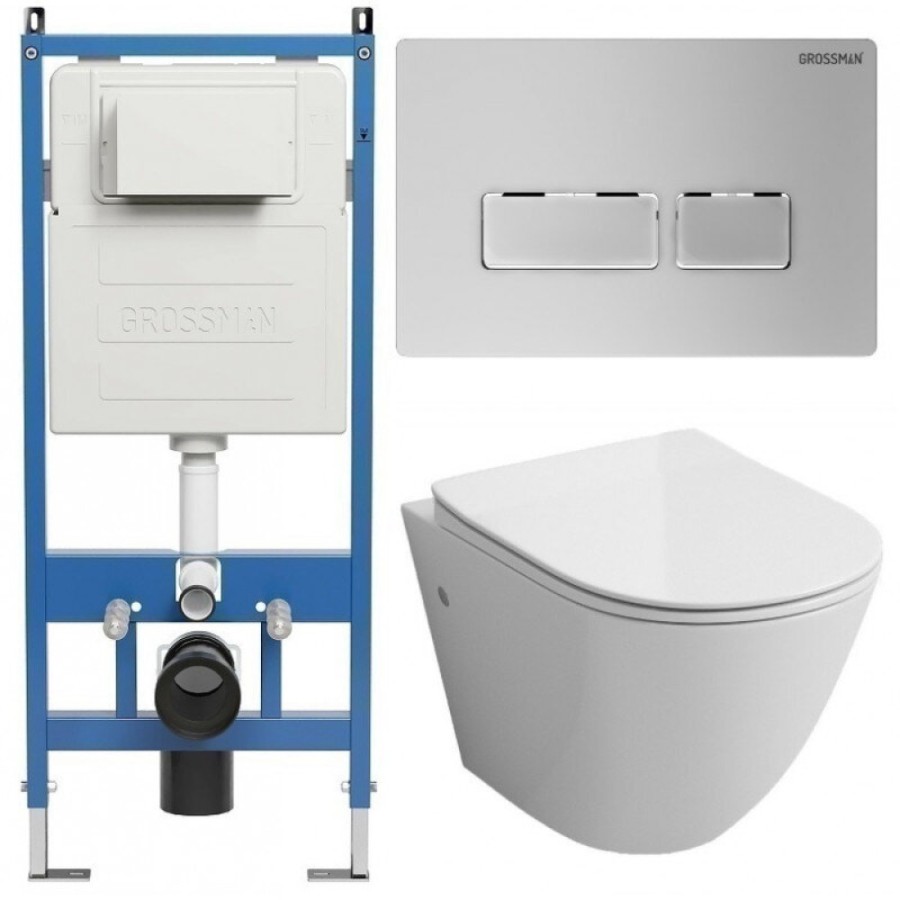 Комплект Grossman Pragma 97.4411SQ.03.110, инсталляция 900.K31.01.000 с безободковым унитазом GR-4411SQ белый, смыв торнадо, сиденье микролифт, клавиша смыва хром матовый 700.K31.03.110.110
