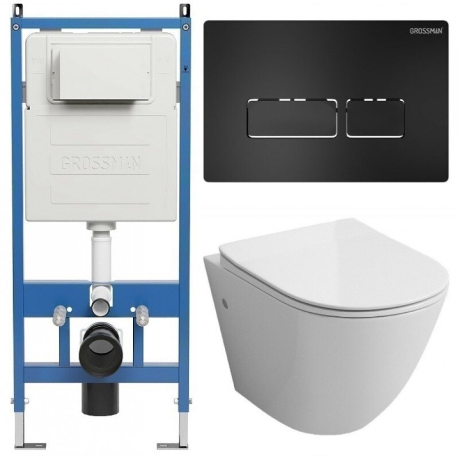 Комплект Grossman Pragma 97.4411SQ.03.210, инсталляция 900.K31.01.000 с безободковым унитазом GR-4411SQ белый, смыв торнадо, сиденье микролифт, клавиша смыва черная матовая 700.K31.03.210.210