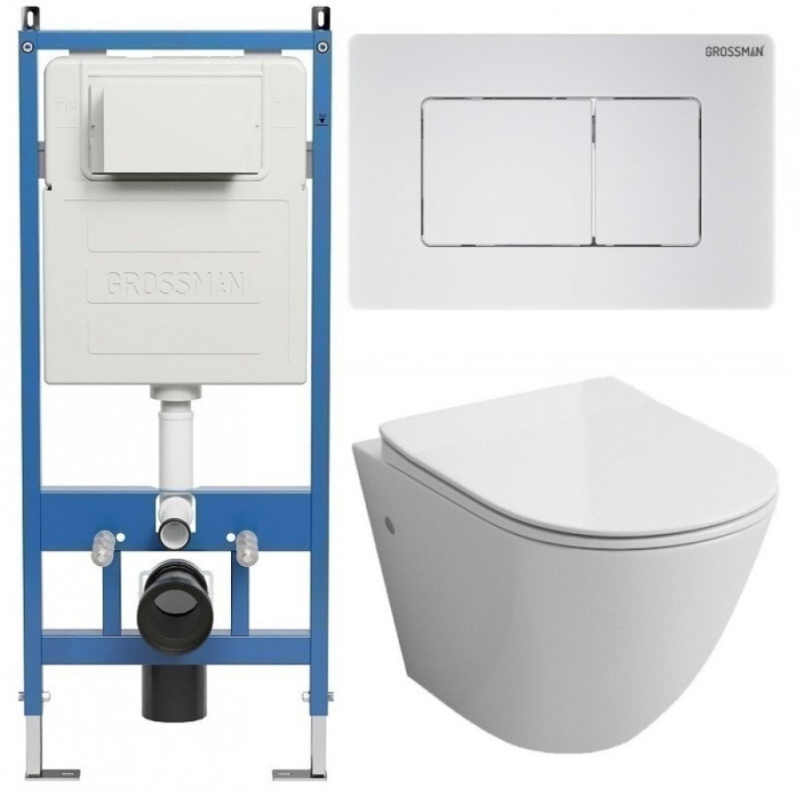 Комплект Grossman Classic 97.4411SQ.04.01M, инсталляция 900.K31.01.000 с безободковым унитазом GR-4411SQ белый, смыв торнадо, сиденье микролифт, клавиша смыва белая матовая 700.K31.04.01M.01M