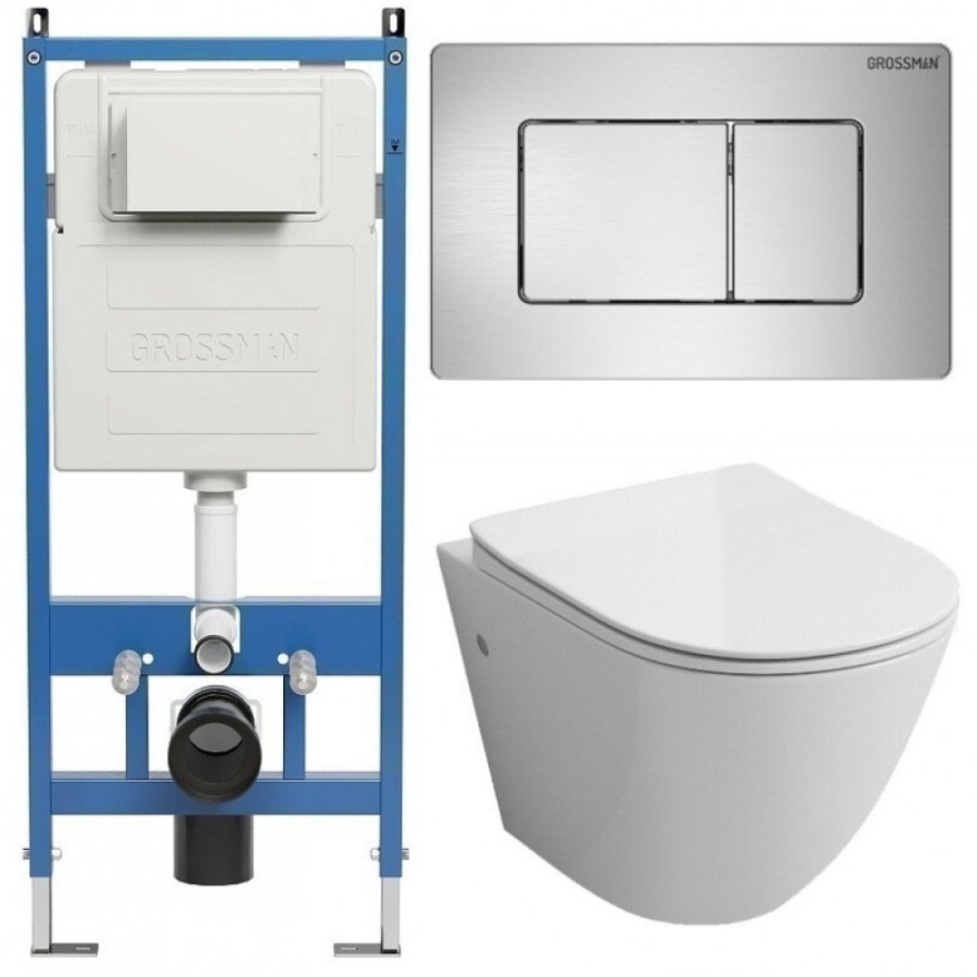 Комплект Grossman Classic 97.4411SQ.04.12M, инсталляция 900.K31.01.000 с безободковым унитазом GR-4411SQ белый, смыв торнадо, сиденье микролифт, клавиша смыва хром сатин 700.K31.04.12M.12M