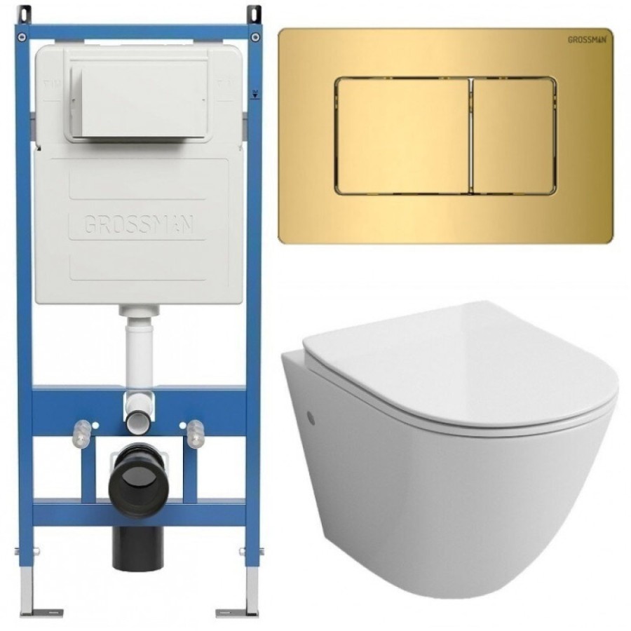 Комплект Grossman Classic 97.4411SQ.04.30M, инсталляция 900.K31.01.000 с безободковым унитазом GR-4411SQ белый, смыв торнадо, сиденье микролифт, клавиша смыва золото глянцевое 700.K31.04.30M.30M