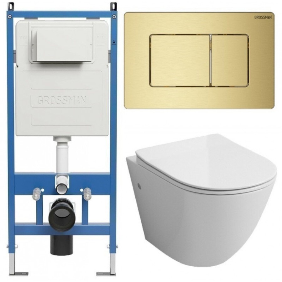 Комплект Grossman Classic 97.4411SQ.04.32M, инсталляция 900.K31.01.000 с безободковым унитазом GR-4411SQ белый, смыв торнадо, сиденье микролифт, клавиша смыва золото сатин 700.K31.04.32M.32M
