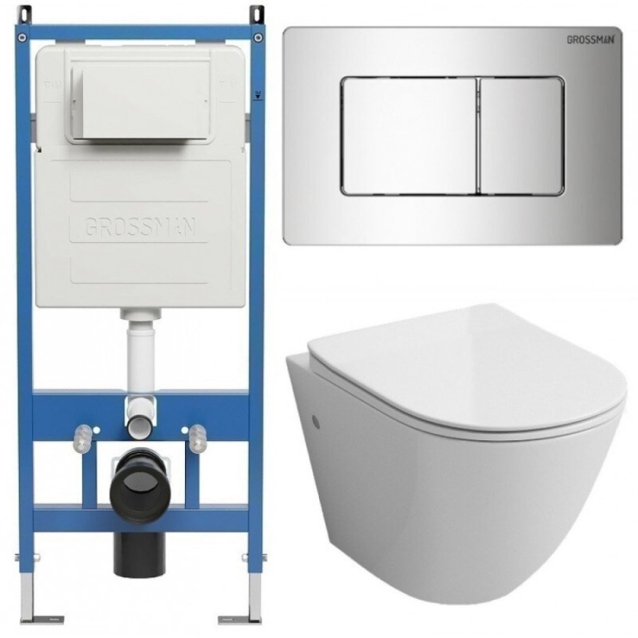 Комплект Grossman Classic 97.4411SQ.04.10M, инсталляция 900.K31.01.000 с безободковым унитазом GR-4411SQ белый, смыв торнадо, сиденье микролифт, клавиша смыва хром глянцевый 700.K31.04.10M.10M