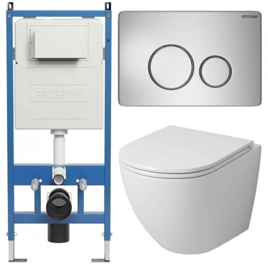 Комплект Grossman Style 97.4411SQ.05.12M, инсталляция 900.K31.01.000 с безободковым унитазом GR-4411SQ белый, смыв торнадо, сиденье микролифт, клавиша смыва хром сатин 700.K31.05.12M.12M