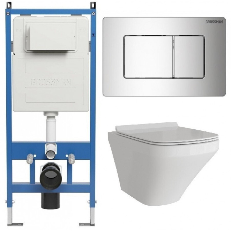 Комплект Grossman Classic 97.4440S.04.10M, инсталляция 900.K31.01.000 с безободковым унитазом GR-4440S белый, сиденье микролифт, клавиша смыва хром глянцевый 700.K31.04.10M.10M