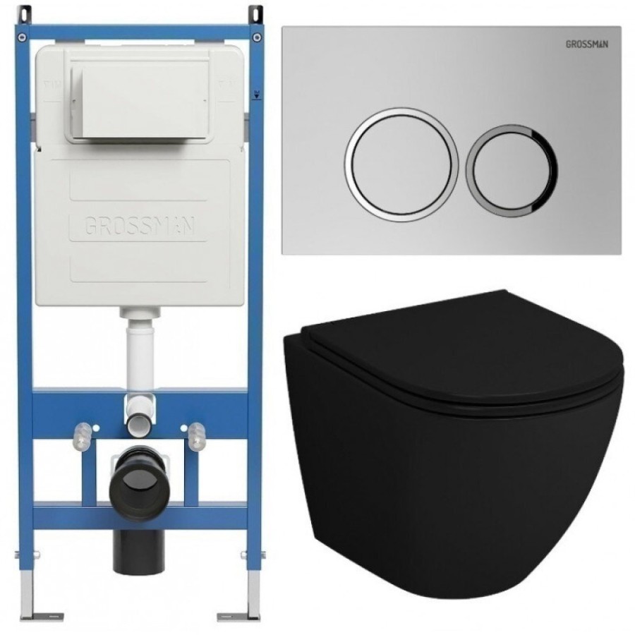 Комплект Grossman Galaxy 97.4455BMSQ.01.110, инсталляция 900.K31.01.000 с безободковым унитазом GR-4455BMSQ черный матовый, смыв торнадо, сиденье микролифт, клавиша смыва хром матовый 700.K31.01.110.110