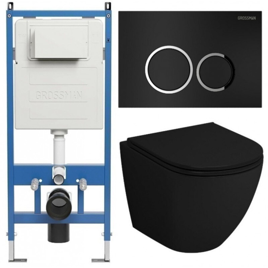 Комплект Grossman Galaxy 97.4455BMSQ.01.210, инсталляция 900.K31.01.000 с безободковым унитазом GR-4455BMSQ черный матовый, смыв торнадо, сиденье микролифт, клавиша смыва черная матовая 700.K31.01.210.210