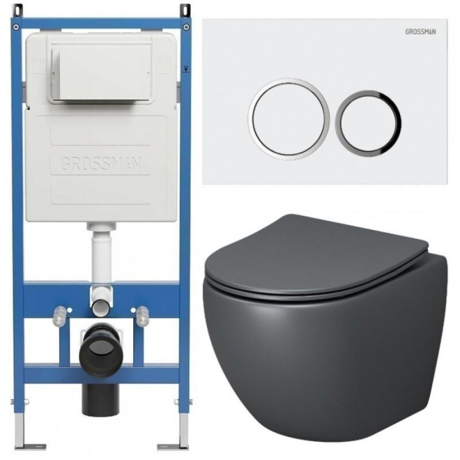 Комплект Grossman Galaxy 97.4455GMS.01.000, инсталляция 900.K31.01.000 с безободковым унитазом GR-4455GMS серый матовый, сиденье микролифт, клавиша смыва белая глянцевая 700.K31.01.000.000