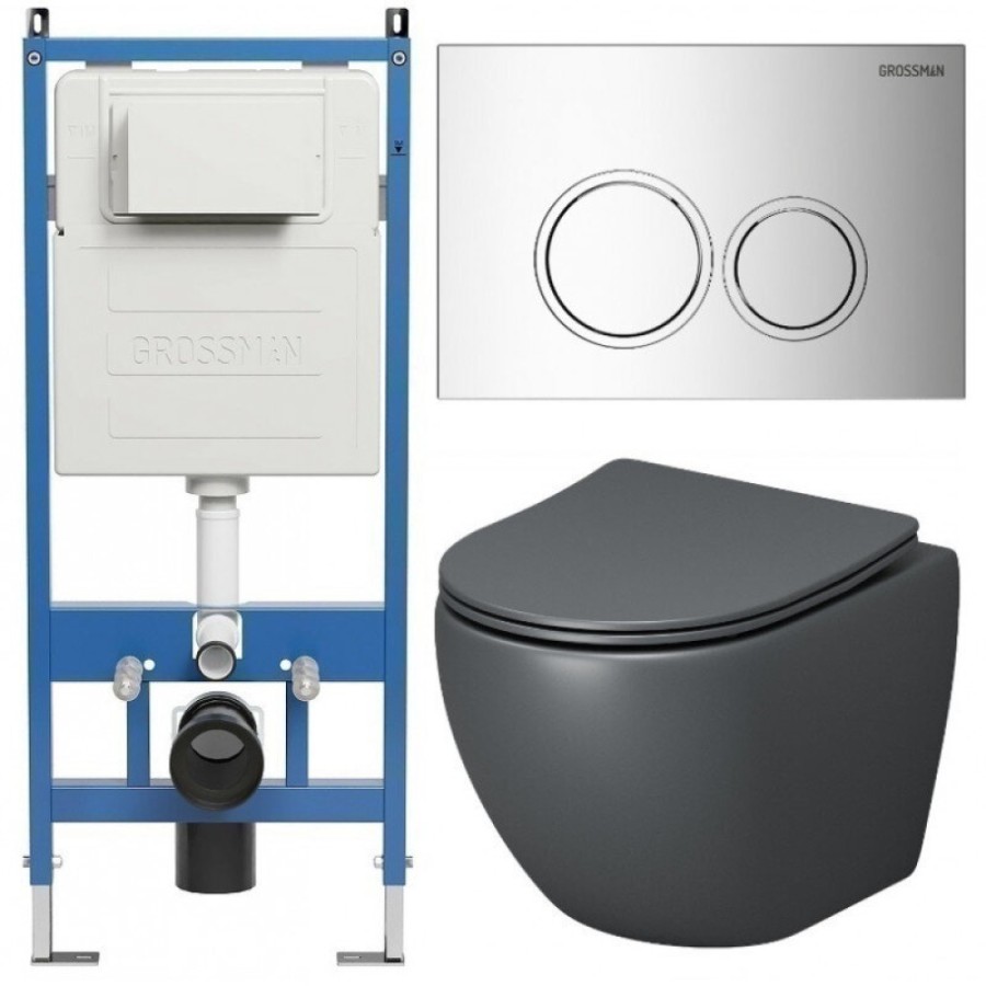 Комплект Grossman Galaxy 97.4455GMS.01.100, инсталляция 900.K31.01.000 с безободковым унитазом GR-4455GMS серый матовый, сиденье микролифт, клавиша смыва хром глянцевый 700.K31.01.100.100