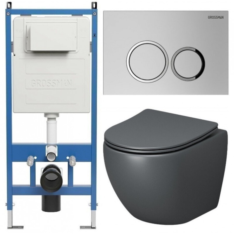 Комплект Grossman Galaxy 97.4455GMS.01.110, инсталляция 900.K31.01.000 с безободковым унитазом GR-4455GMS серый матовый, сиденье микролифт, клавиша смыва хром матовый 700.K31.01.110.110