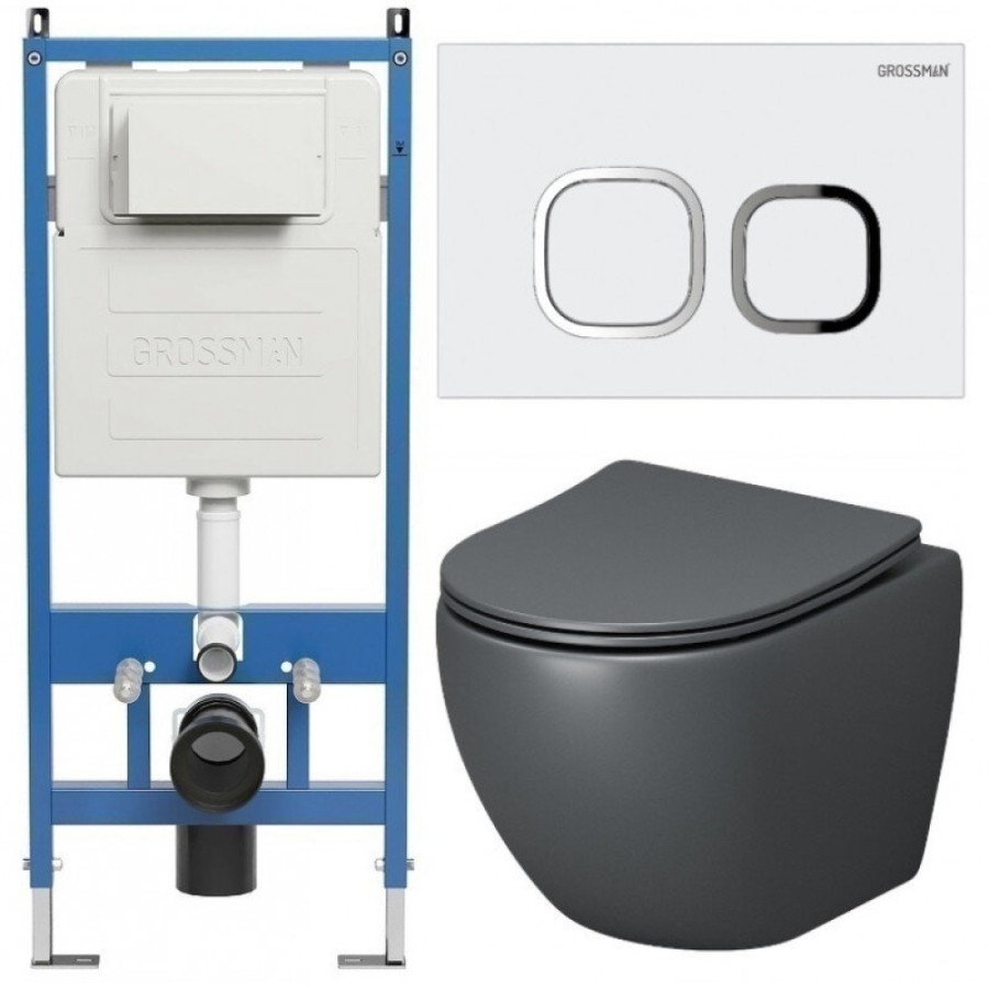 Комплект Grossman Cosmo 97.4455GMS.02.000, инсталляция 900.K31.01.000 с безободковым унитазом GR-4455GMS серый матовый, сиденье микролифт, клавиша смыва белая глянцевая 700.K31.02.000.000