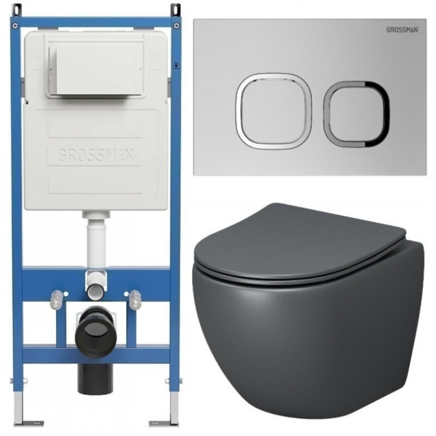 Комплект Grossman Cosmo 97.4455GMS.02.110, инсталляция 900.K31.01.000 с безободковым унитазом GR-4455GMS серый матовый, сиденье микролифт, клавиша смыва хром матовый 700.K31.02.110.110