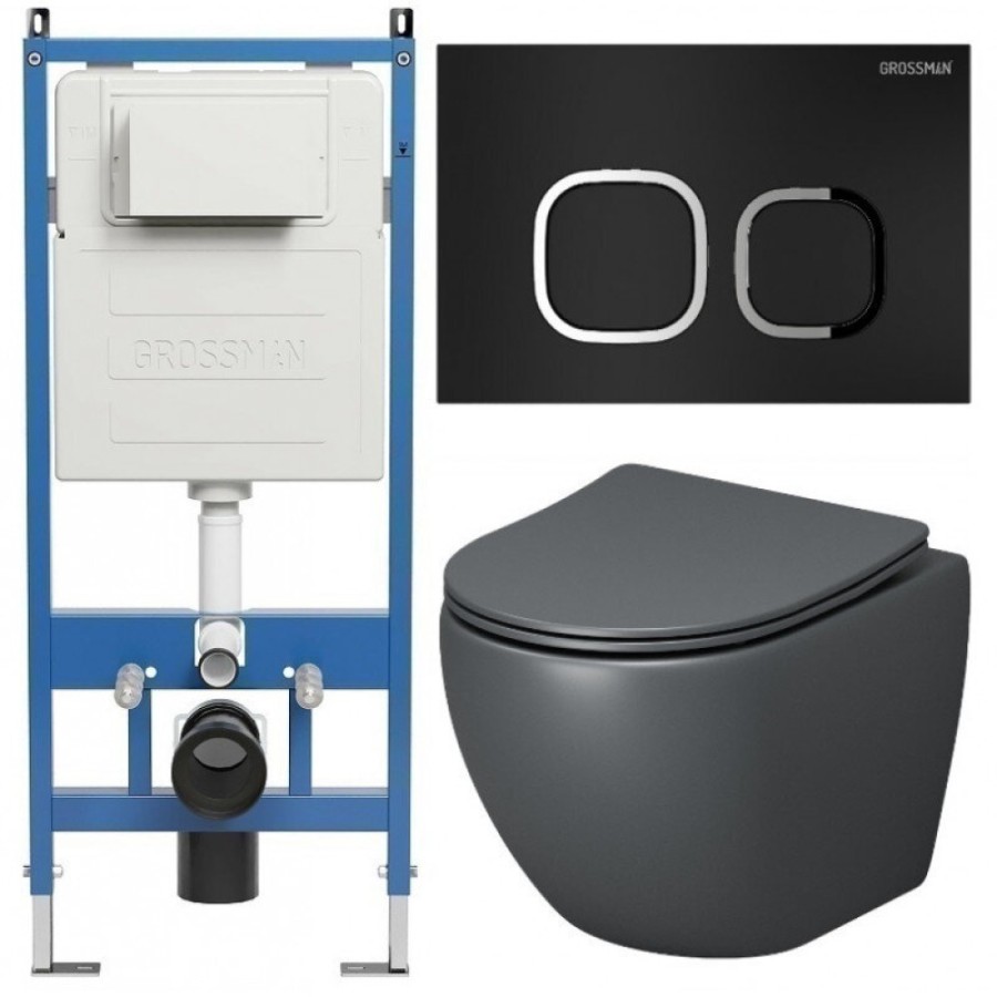 Комплект Grossman Cosmo 97.4455GMS.02.210, инсталляция 900.K31.01.000 с безободковым унитазом GR-4455GMS серый матовый, сиденье микролифт, клавиша смыва черная матовая 700.K31.02.210.210