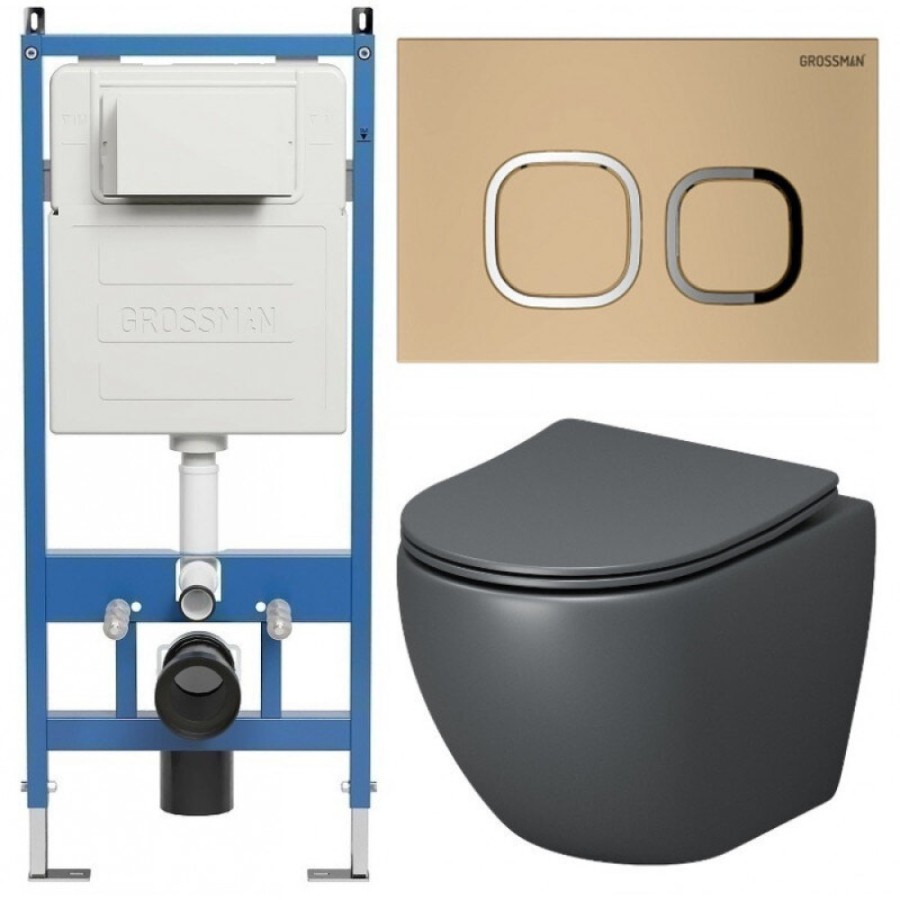 Комплект Grossman Cosmo 97.4455GMS.02.310, инсталляция 900.K31.01.000 с безободковым унитазом GR-4455GMS серый матовый, сиденье микролифт, клавиша смыва золото матовое 700.K31.02.310.310