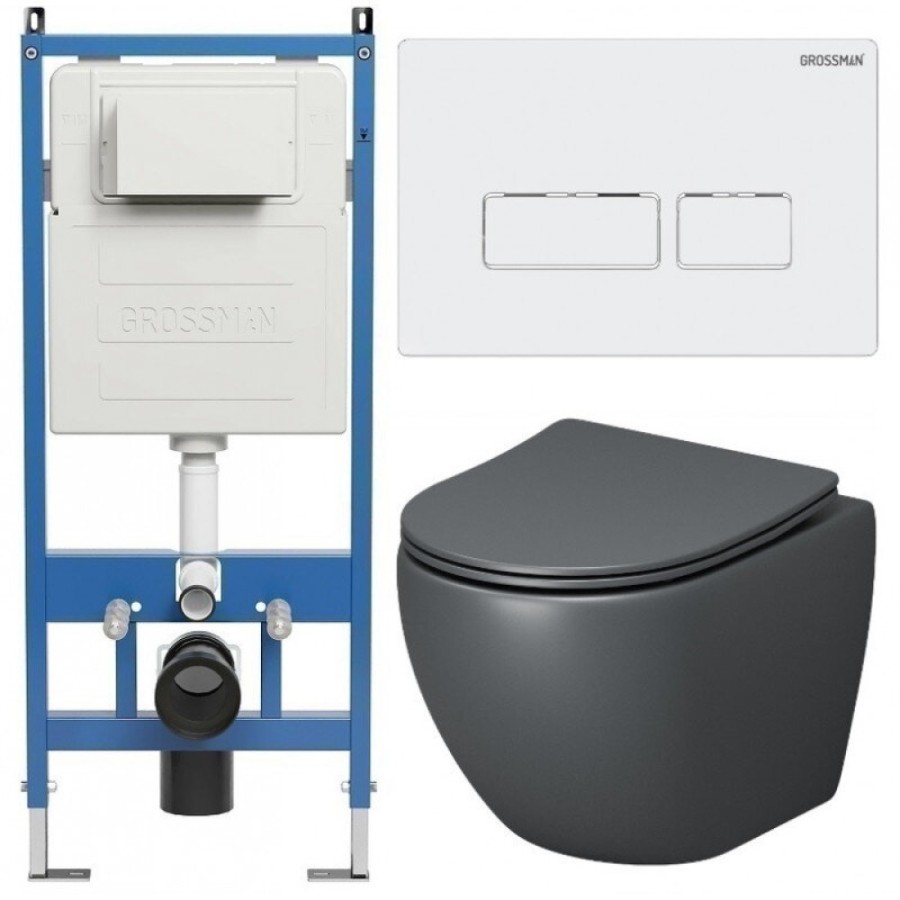 Комплект Grossman Pragma 97.4455GMS.03.000, инсталляция 900.K31.01.000 с безободковым унитазом GR-4455GMS серый матовый, сиденье микролифт, клавиша смыва белая глянцевая 700.K31.03.000.000