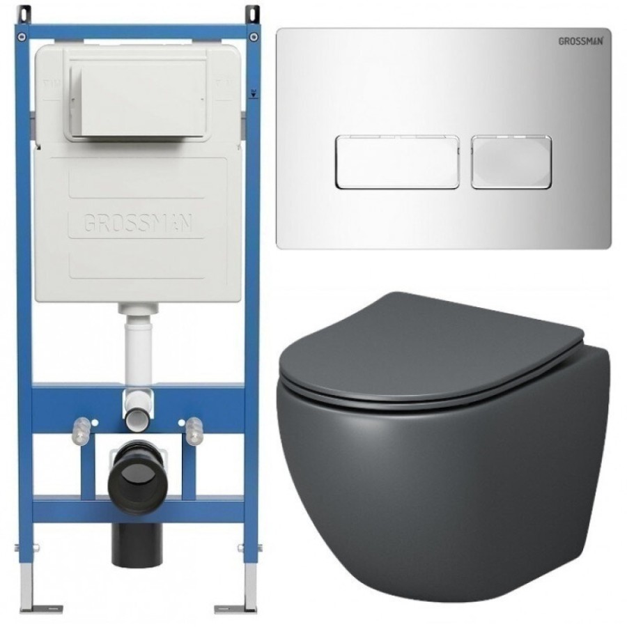 Комплект Grossman Pragma 97.4455GMS.03.100, инсталляция 900.K31.01.000 с безободковым унитазом GR-4455GMS серый матовый, сиденье микролифт, клавиша смыва хром глянцевый 700.K31.03.100.100