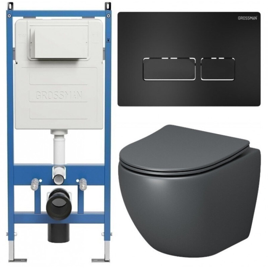Комплект Grossman Pragma 97.4455GMS.03.210, инсталляция 900.K31.01.000 с безободковым унитазом GR-4455GMS серый матовый, сиденье микролифт, клавиша смыва черная матовая 700.K31.03.210.210