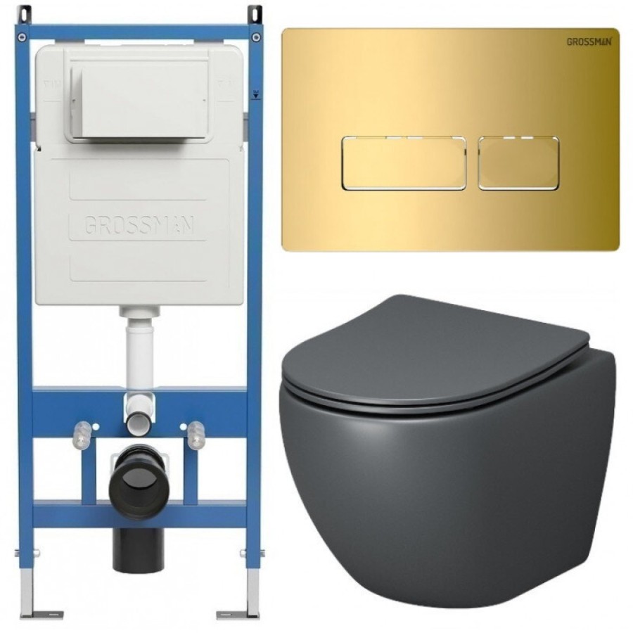 Комплект Grossman Pragma 97.4455GMS.03.300, инсталляция 900.K31.01.000 с безободковым унитазом GR-4455GMS серый матовый, сиденье микролифт, клавиша смыва золото глянцевое 700.K31.03.300.300