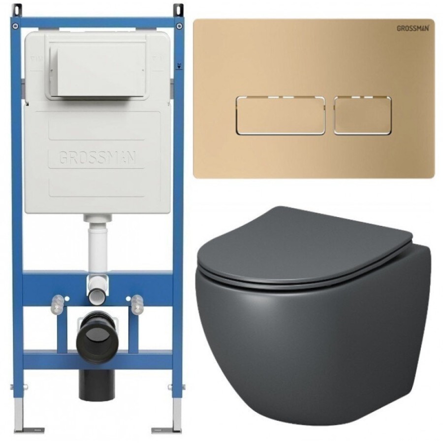 Комплект Grossman Pragma 97.4455GMS.03.310, инсталляция 900.K31.01.000 с безободковым унитазом GR-4455GMS серый матовый, сиденье микролифт, клавиша смыва золото матовое 700.K31.03.310.310