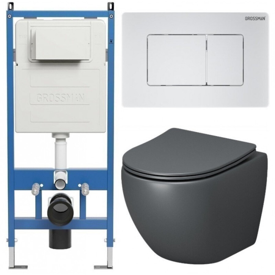 Комплект Grossman Classic 97.4455GMS.04.01M, инсталляция 900.K31.01.000 с безободковым унитазом GR-4455GMS серый матовый, сиденье микролифт, клавиша смыва белая матовая 700.K31.04.01M.01M