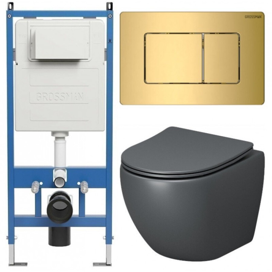 Комплект Grossman Classic 97.4455GMS.04.30M, инсталляция 900.K31.01.000 с безободковым унитазом GR-4455GMS серый матовый, сиденье микролифт, клавиша смыва золото глянцевое 700.K31.04.30M.30M