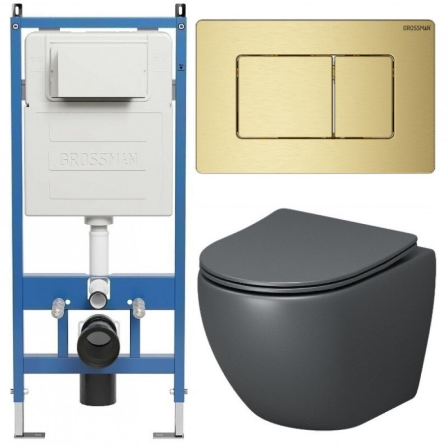 Комплект Grossman Classic 97.4455GMS.04.32M, инсталляция 900.K31.01.000 с безободковым унитазом GR-4455GMS серый матовый, сиденье микролифт, клавиша смыва золото сатин 700.K31.04.32M.32M