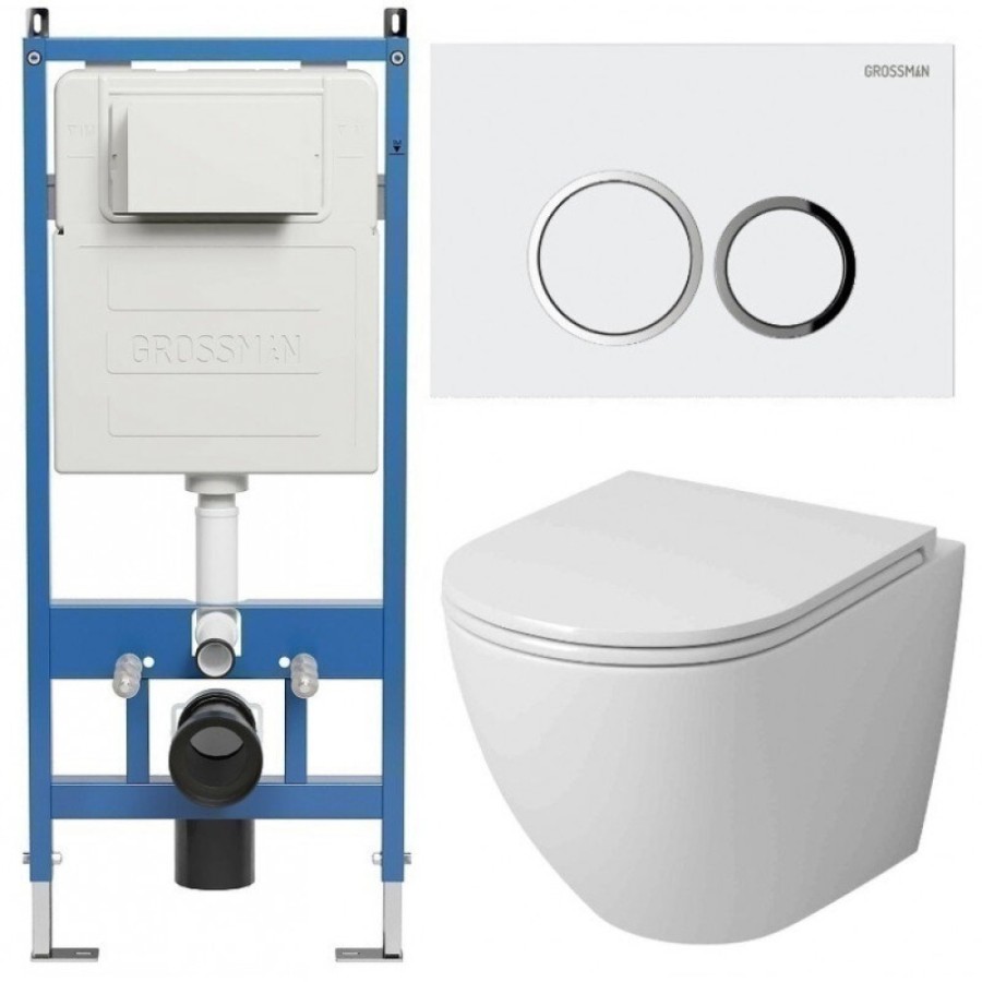 Комплект Grossman Galaxy 97.4455SQ.01.000, инсталляция 900.K31.01.000 с безободковым унитазом GR-4455SQ белый, смыв торнадо, сиденье микролифт, клавиша смыва белая глянцевая 700.K31.01.000.000