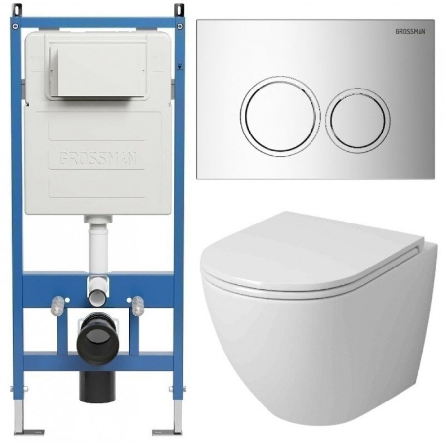 Комплект Grossman Galaxy 97.4455SQ.01.100, инсталляция 900.K31.01.000 с безободковым унитазом GR-4455SQ белый, смыв торнадо, сиденье микролифт, клавиша смыва хром глянцевый 700.K31.01.100.100