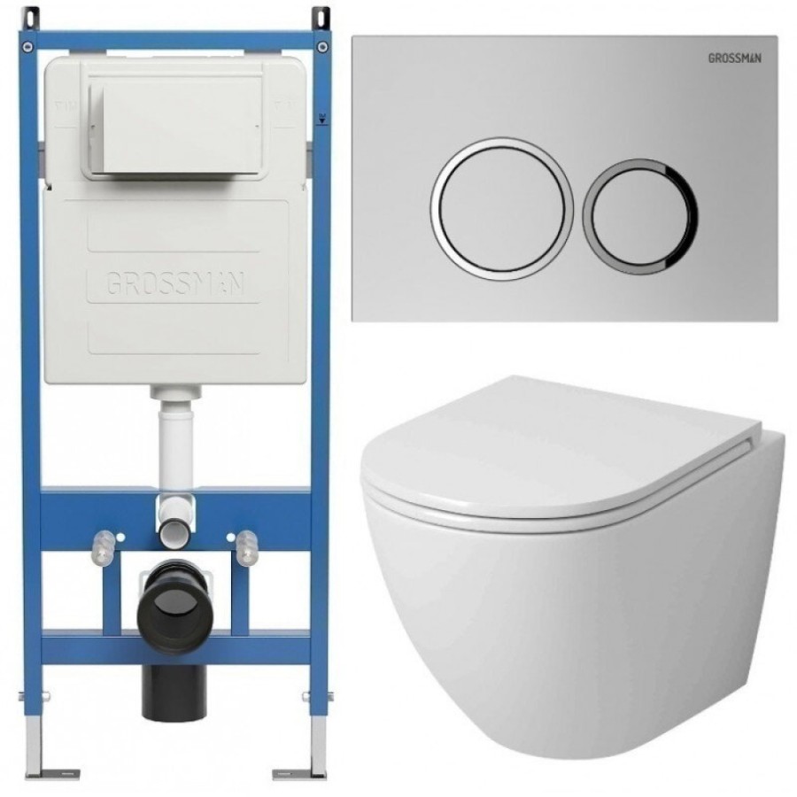 Комплект Grossman Galaxy 97.4455SQ.01.110, инсталляция 900.K31.01.000 с безободковым унитазом GR-4455SQ белый, смыв торнадо, сиденье микролифт, клавиша смыва хром матовый 700.K31.01.110.110