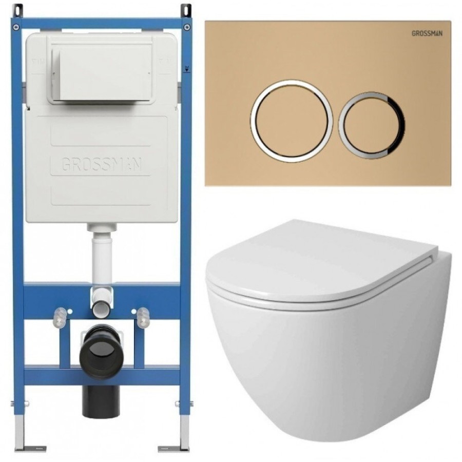 Комплект Grossman Galaxy 97.4455SQ.01.310, инсталляция 900.K31.01.000 с безободковым унитазом GR-4455SQ белый, смыв торнадо, сиденье микролифт, клавиша смыва золото матовое 700.K31.01.310.310