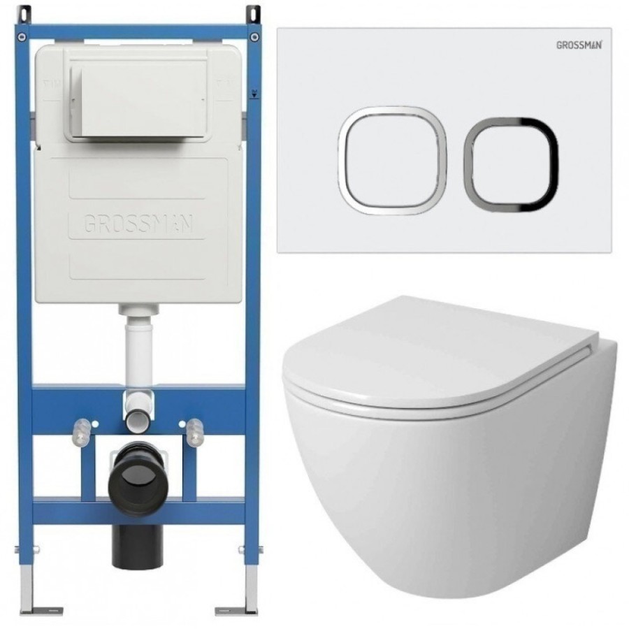 Комплект Grossman Cosmo 97.4455SQ.02.000, инсталляция 900.K31.01.000 с безободковым унитазом GR-4455SQ белый, смыв торнадо, сиденье микролифт, клавиша смыва белая глянцевая 700.K31.02.000.000