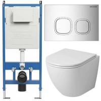 Комплект Grossman Cosmo 97.4455SQ.02.100, инсталляция 900.K31.01.000 с безободковым унитазом GR-4455SQ белый, смыв торнадо, сиденье микролифт, клавиша смыва хром глянцевый 700.K31.02.100.100