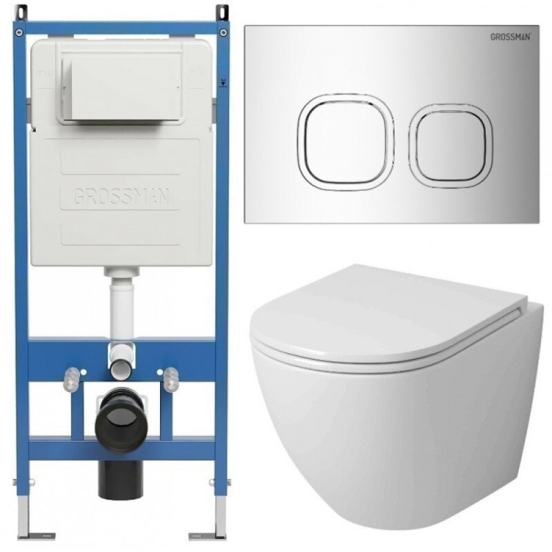 Комплект Grossman Cosmo 97.4455SQ.02.100, инсталляция 900.K31.01.000 с безободковым унитазом GR-4455SQ белый, смыв торнадо, сиденье микролифт, клавиша смыва хром глянцевый 700.K31.02.100.100